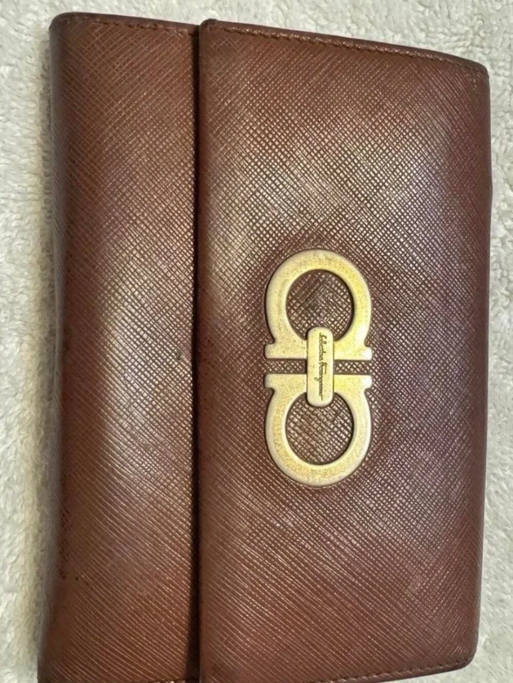 Salvatore Ferragamo Brown Leather Gancini Clutch with Gold Hardware